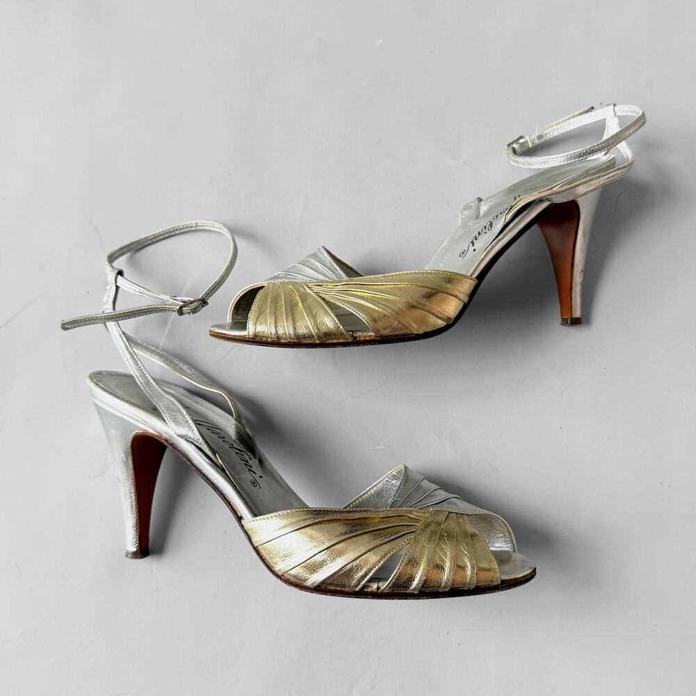 VTG 70s Garolini Leather Disco Heel Open Toe Silver Gold Two-Tone Metallic Pump